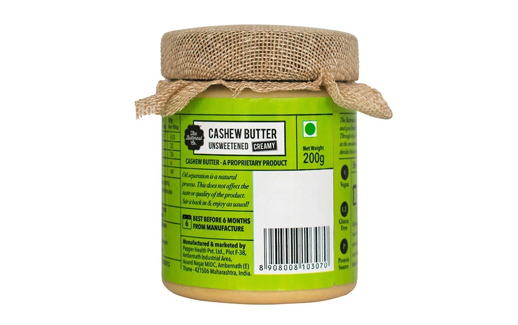 The Butternut Co. Unsweetned Cashew Butter, Creamy   Glass Jar  200 grams